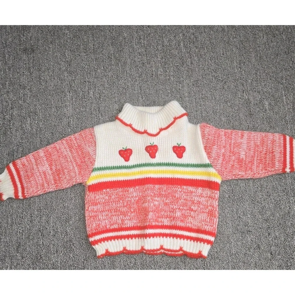 Vintage Baby Sweater 18M Strawberry Knit Red White Toddler Retro Cottagecore - Picture 2 of 7
